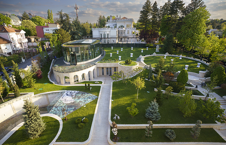 Aerial view of Madlena Art Palace and its landscaped gardens
