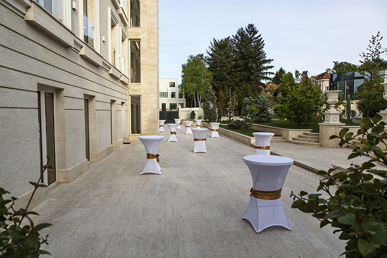Outdoor terrace at Madlena Art Palace set up for an event reception